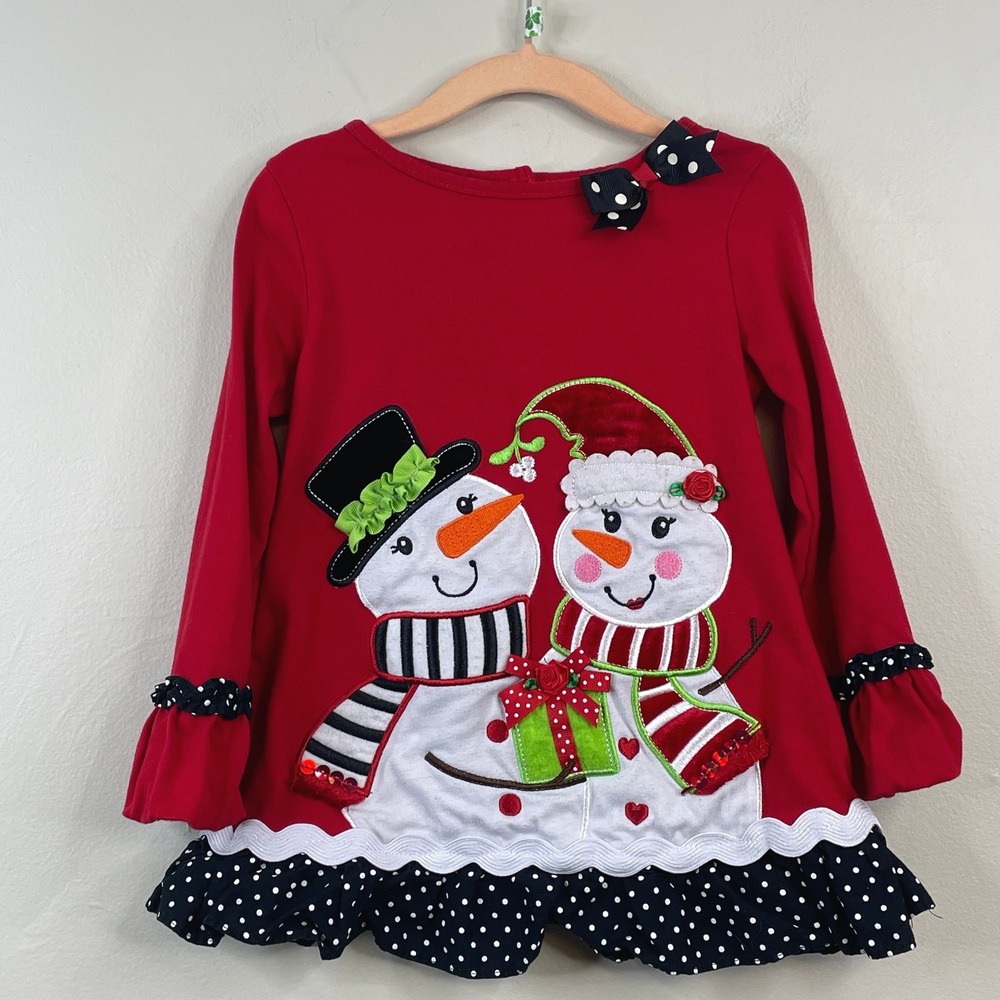 Vintage 90s Christmas Snowman Top Girls 5 Embellished Ruffle Bell Sleeve Party